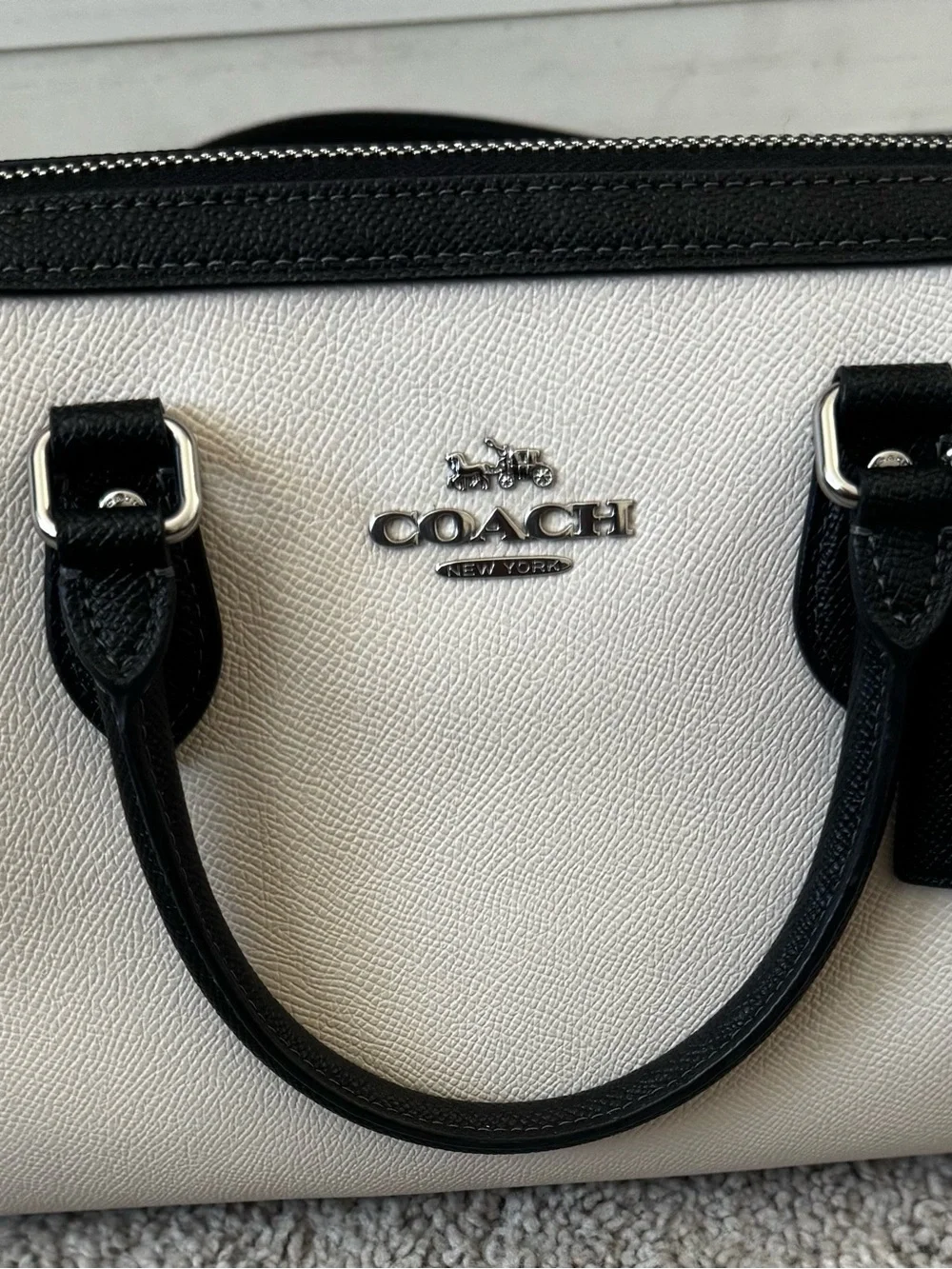 Coach White Pebbled Leather Satchel with Black Trim and Silver Hardware